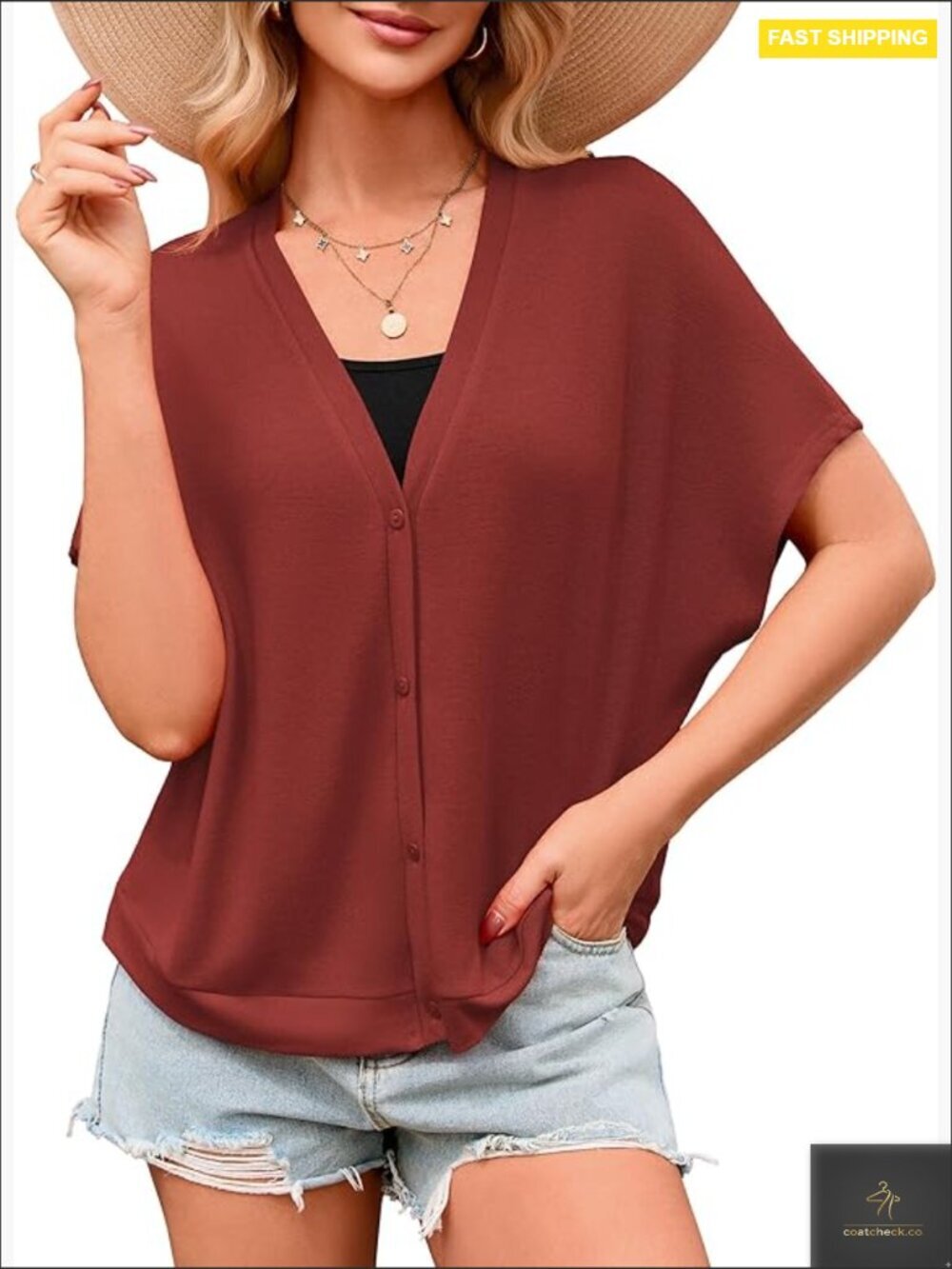 Oversized Batwing Short Sleeve Cardigan Lightweight Button Down V-Neck Casual